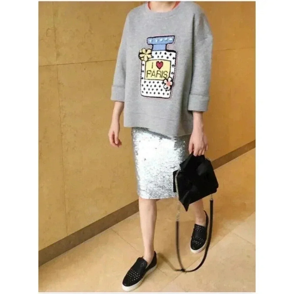 Rare Michaela Buerger I LOVE PARIS Crochet Design Gray Sweatshirt Size Medium